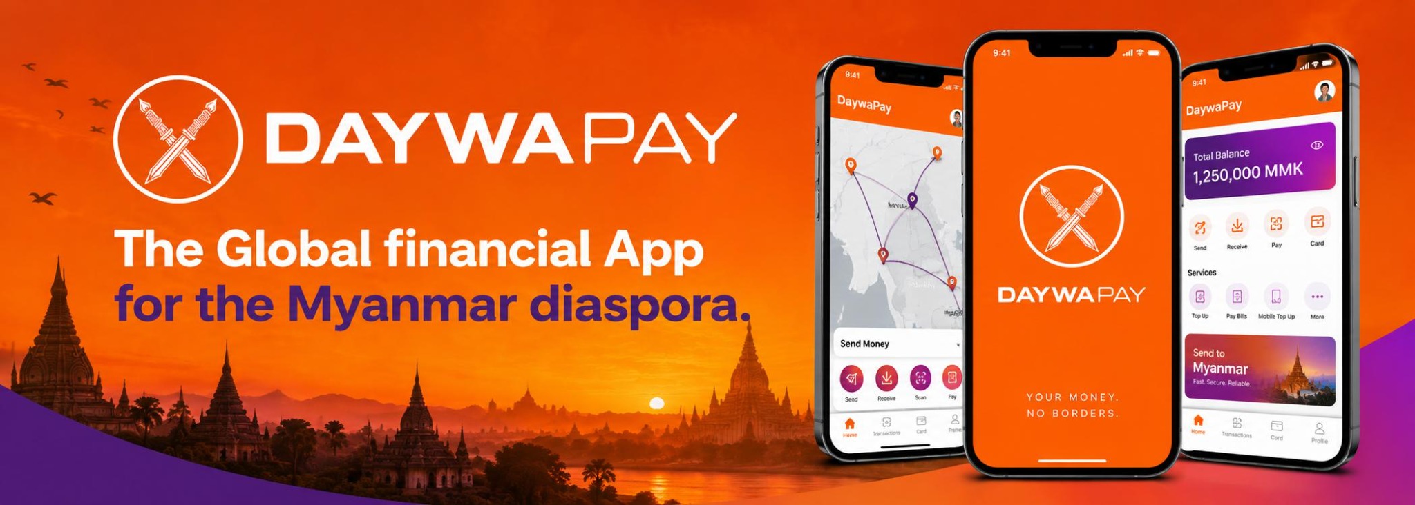 DAYWA Pay: the global financial app for the Myanmar diaspora, shown on three phones.